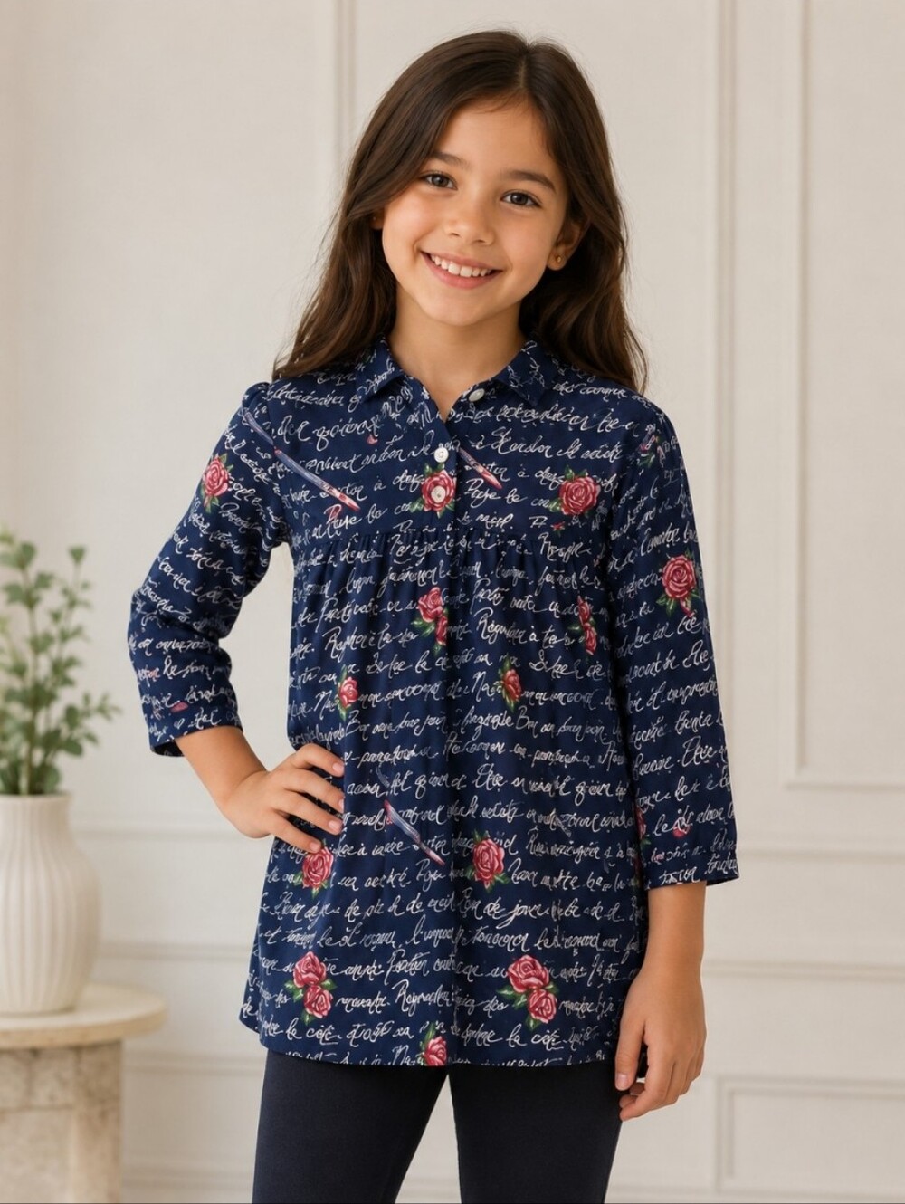 ESRIT MINI Floral Caligraphy Pen Notes Free Falling Blouse Girls M